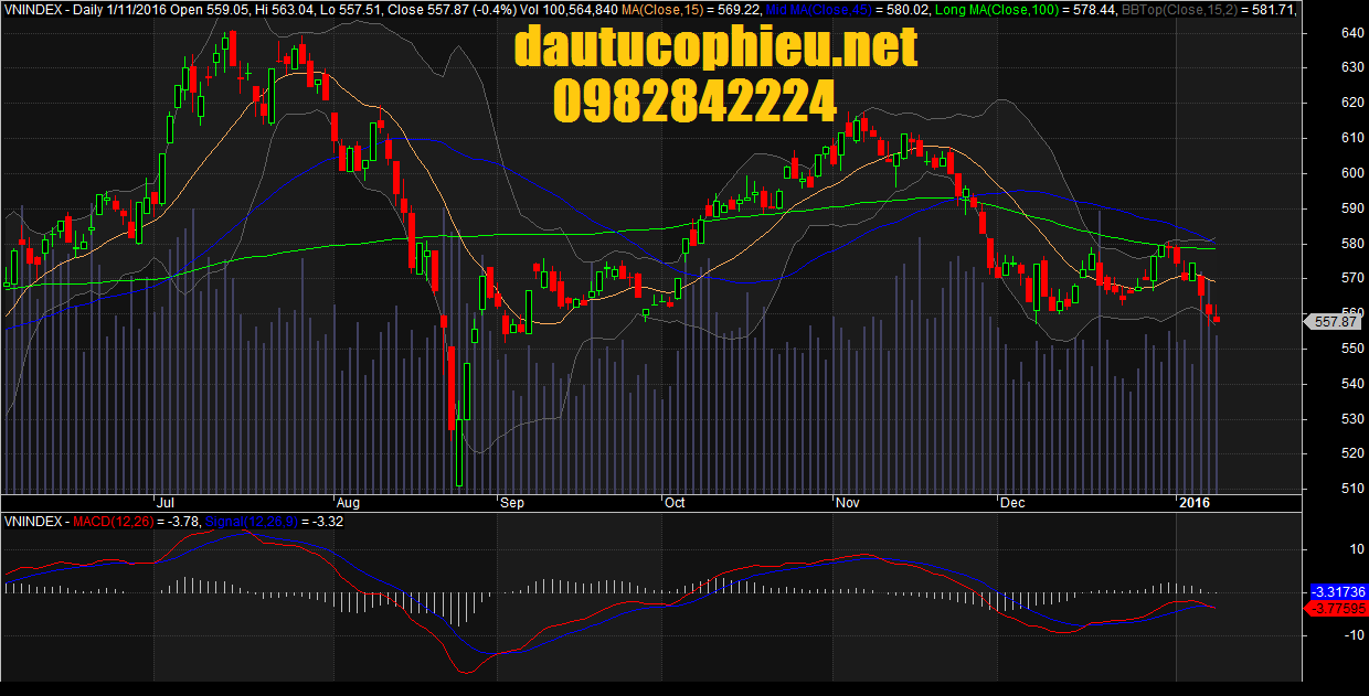 Đồ thị VN-Index ngày 11/01/2016. 