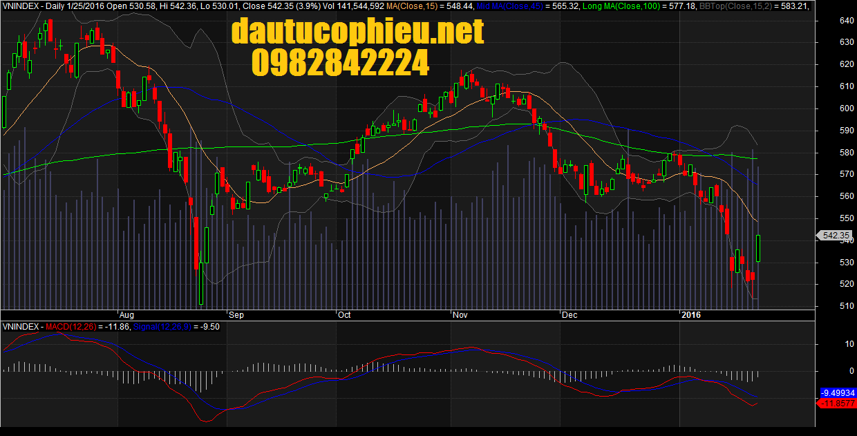 Đồ thị VN-Index ngày 25/01/2016.