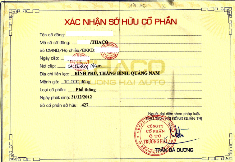 Giấy chứng nhận sở hữu cổ phần THACO