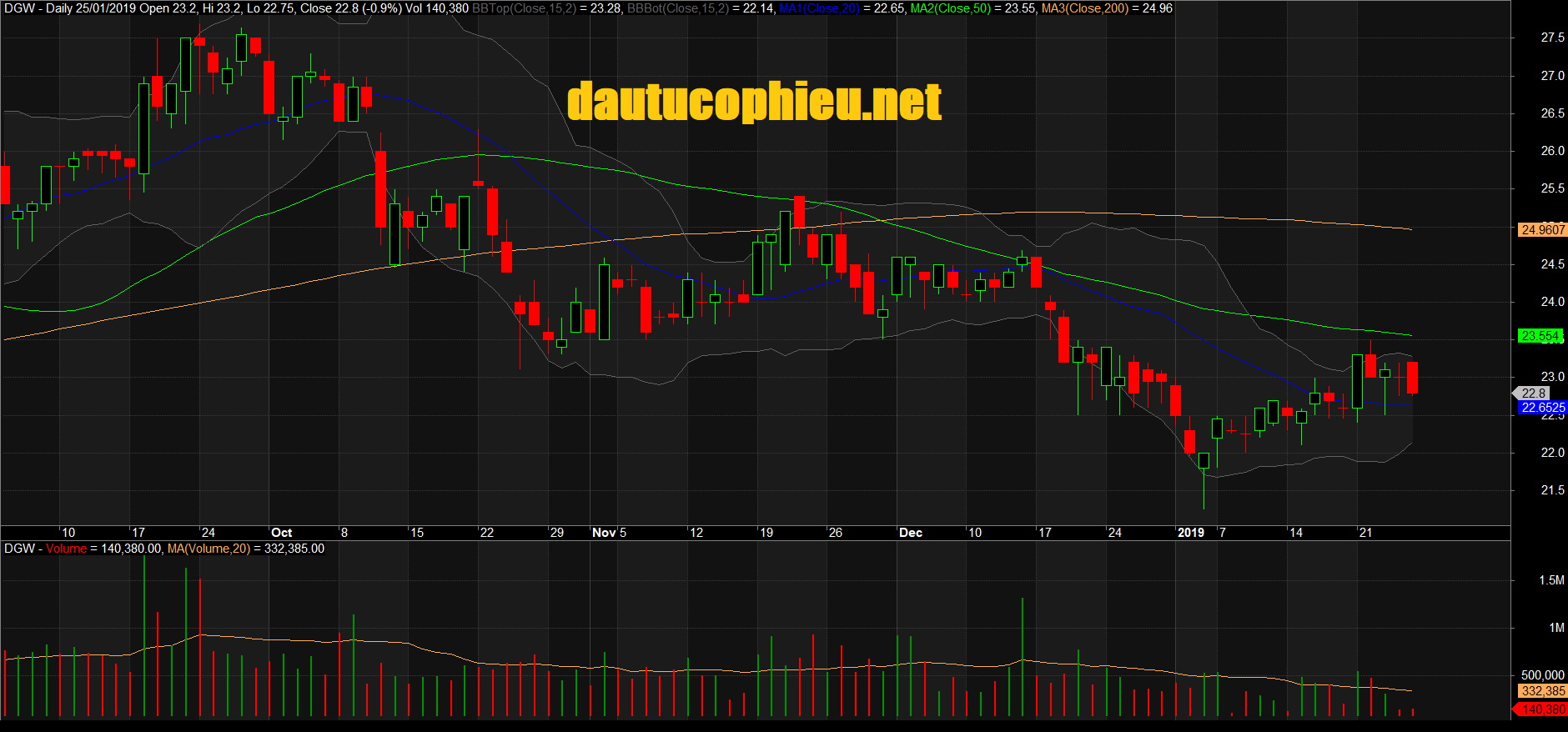 Đồ thị cổ phiếu DGW phiên giao dịch ngày 25/01/2019. Nguồn: AmiBroker