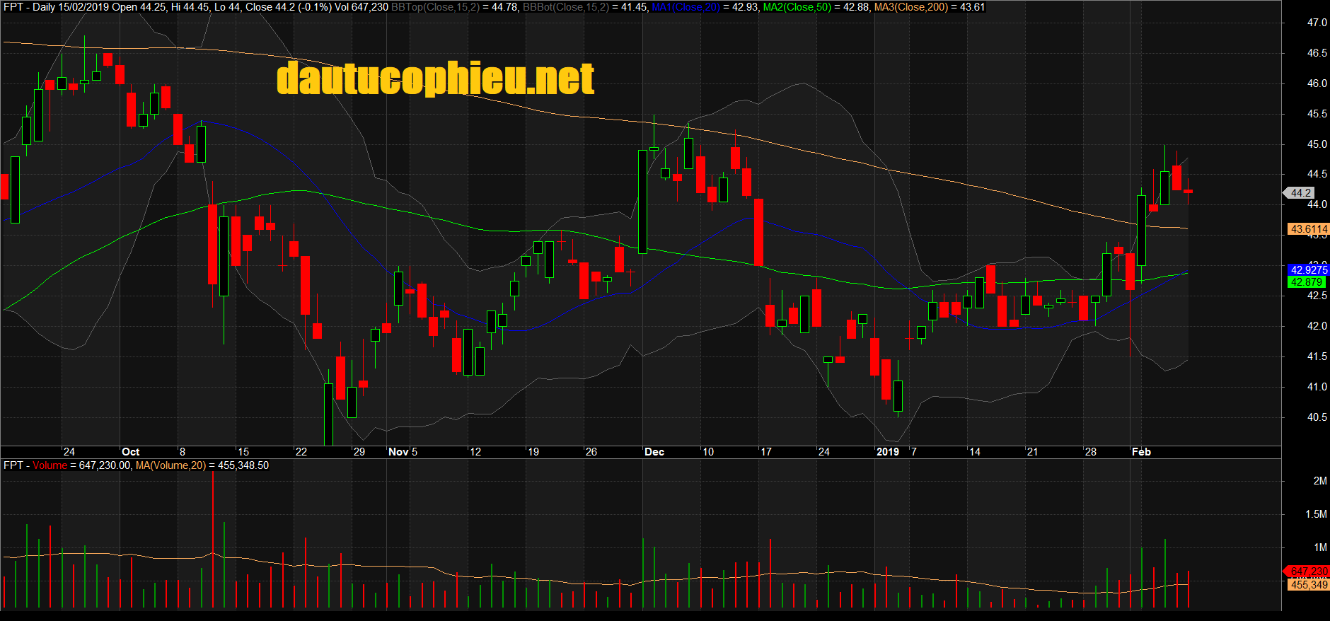Đồ thị cổ phiếu FPT phiên giao dịch ngày 15/02/2019. Nguồn: AmiBroker