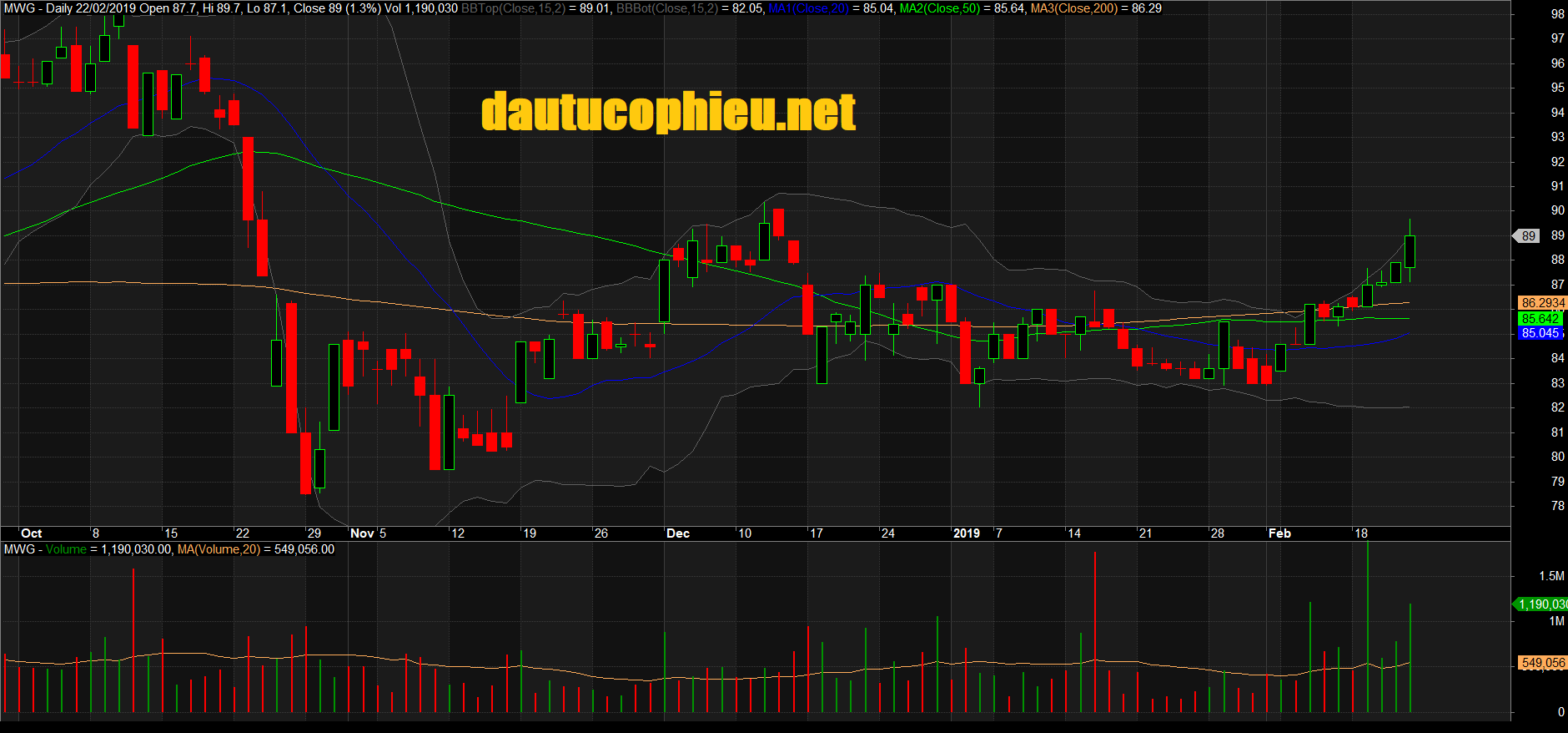 Đồ thị cổ phiếu MWG phiên giao dịch ngày 22/02/2019. Nguồn: AmiBroker