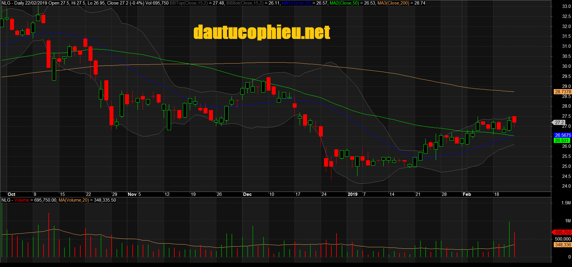 Đồ thị cổ phiếu NLG phiên giao dịch ngày 22/02/2019. Nguồn: AmiBroker