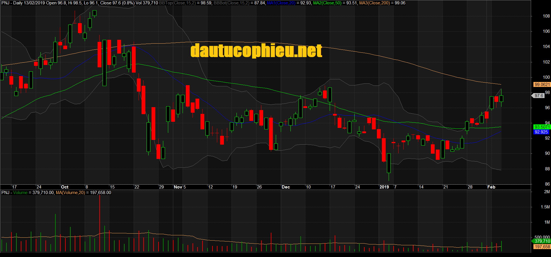 Đồ thị cổ phiếu PNJ phiên giao dịch ngày 13/02/2019. Nguồn: AmiBroker