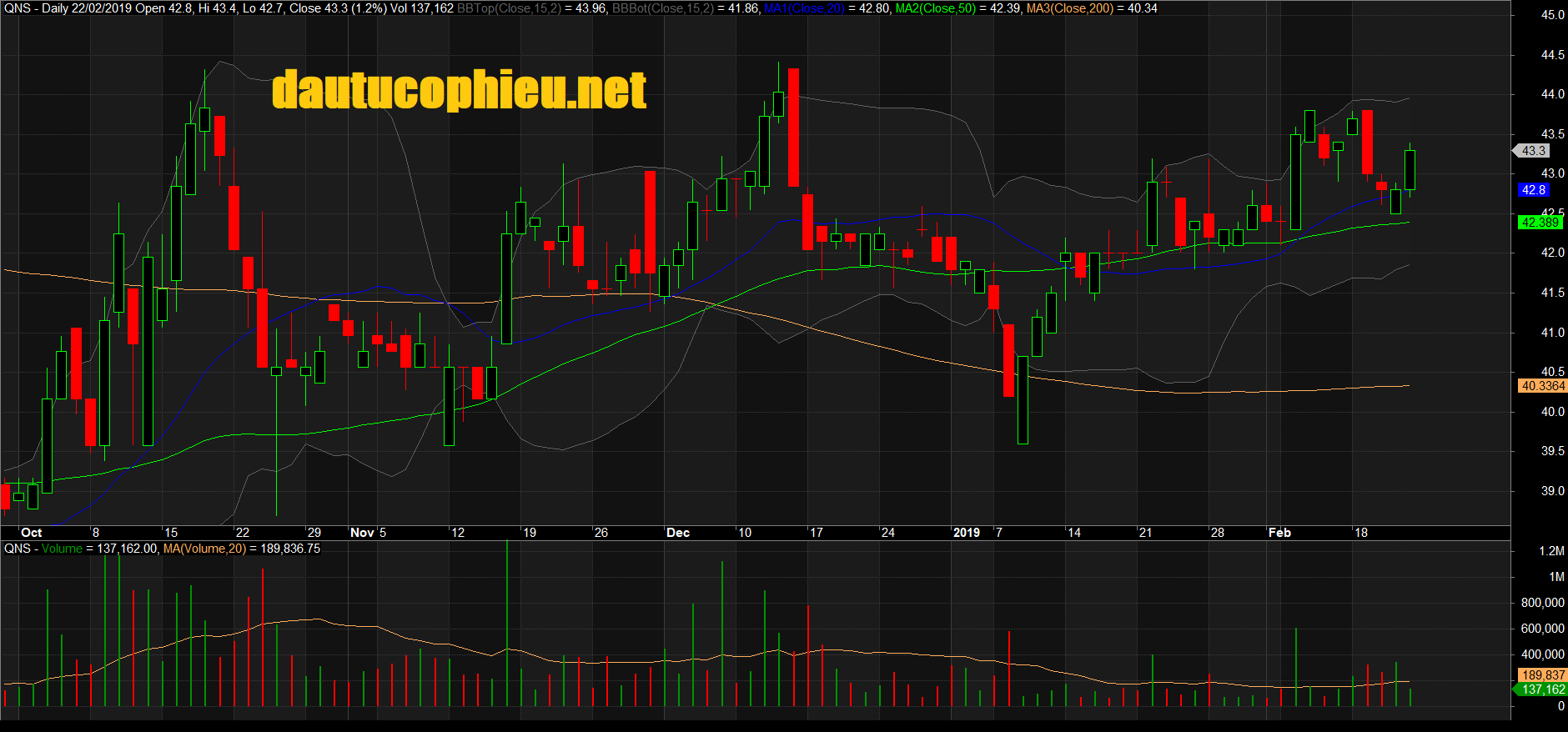 Đồ thị cổ phiếu QNS phiên giao dịch ngày 22/02/2019. Nguồn: AmiBroker